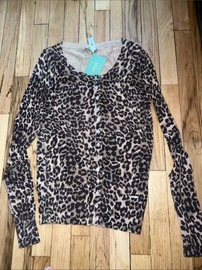 Le Lis Blanc Leopard-Trim Button Cardigan - Beige & Black